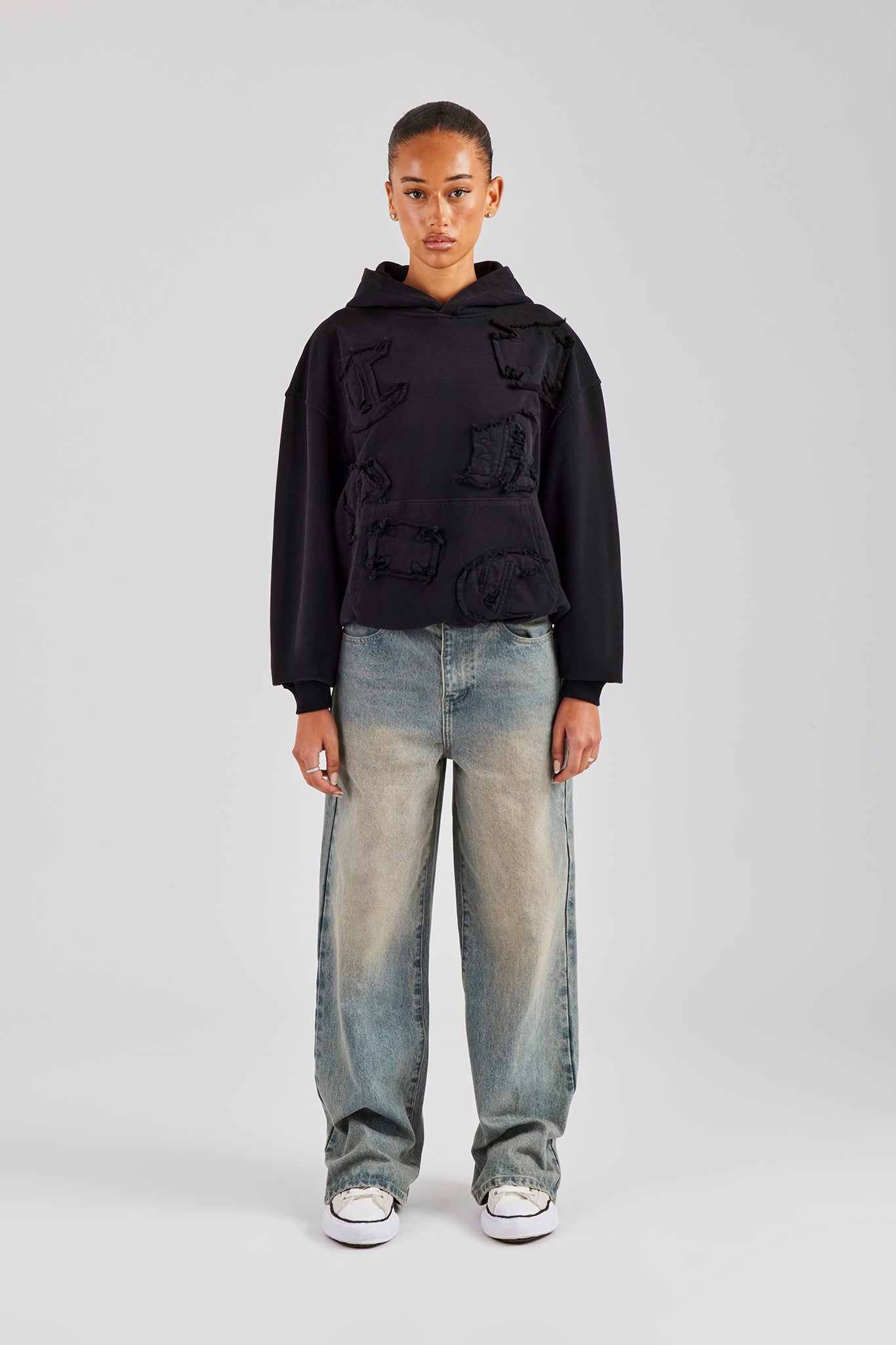 Womens Distressed Applique Hoodie - Black